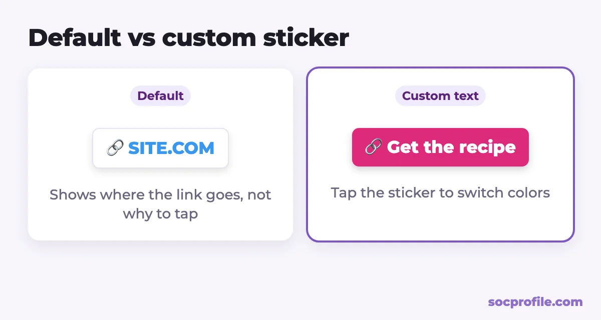 Instagram link sticker customization: default domain vs custom text and color styles