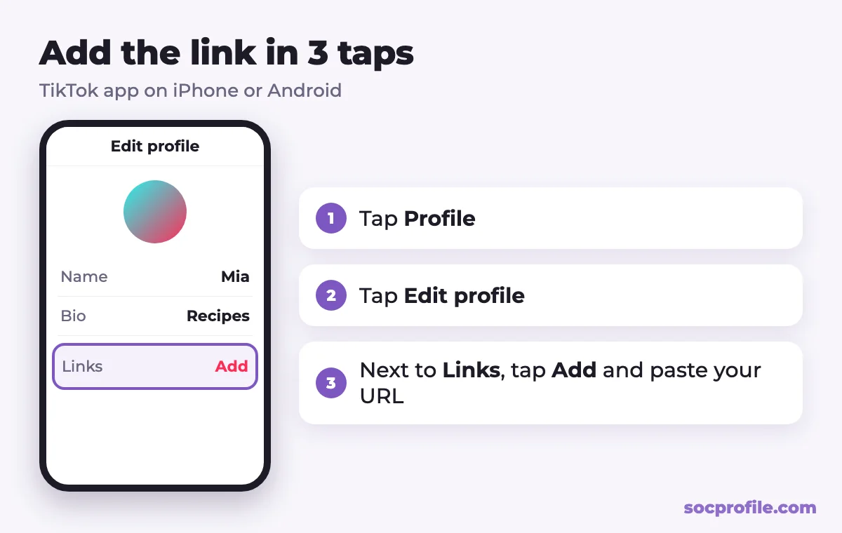 How to add a link to TikTok bio: Profile, Edit profile, Links field