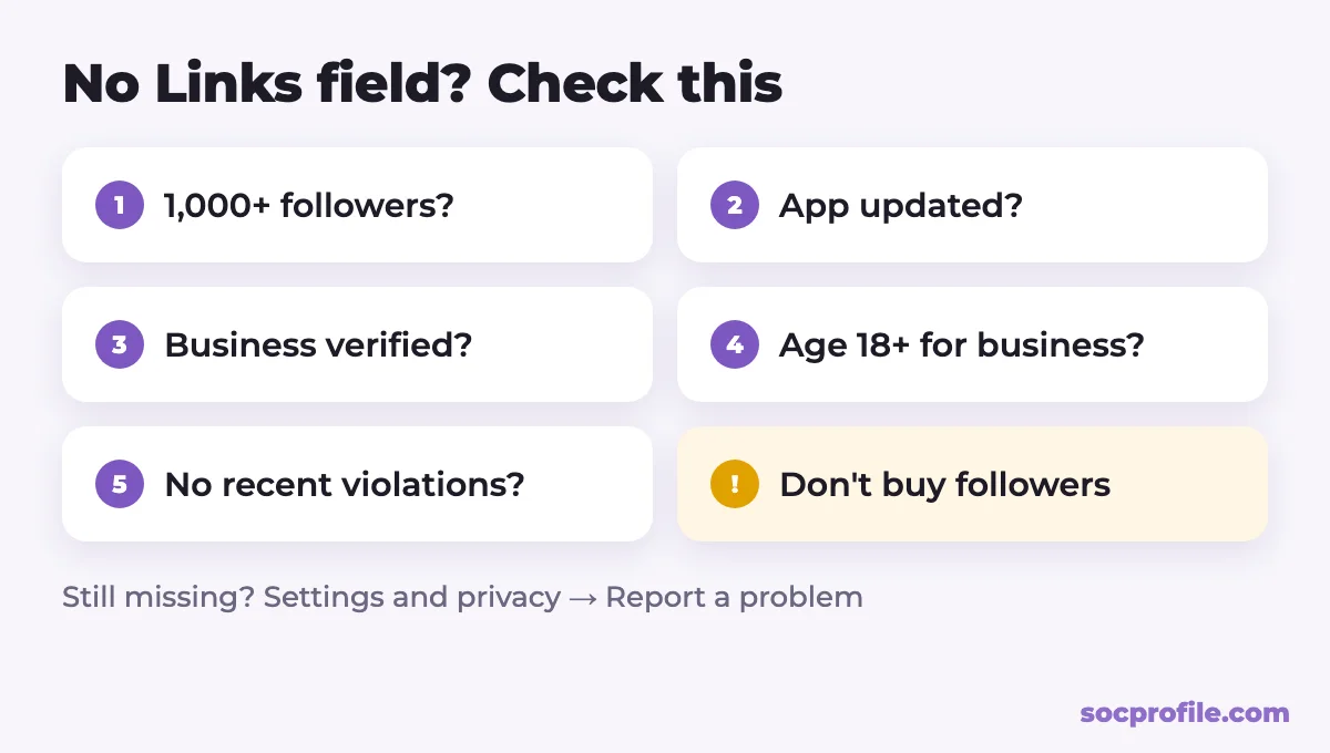 Checklist: what to do if you can't add a link to your TikTok bio