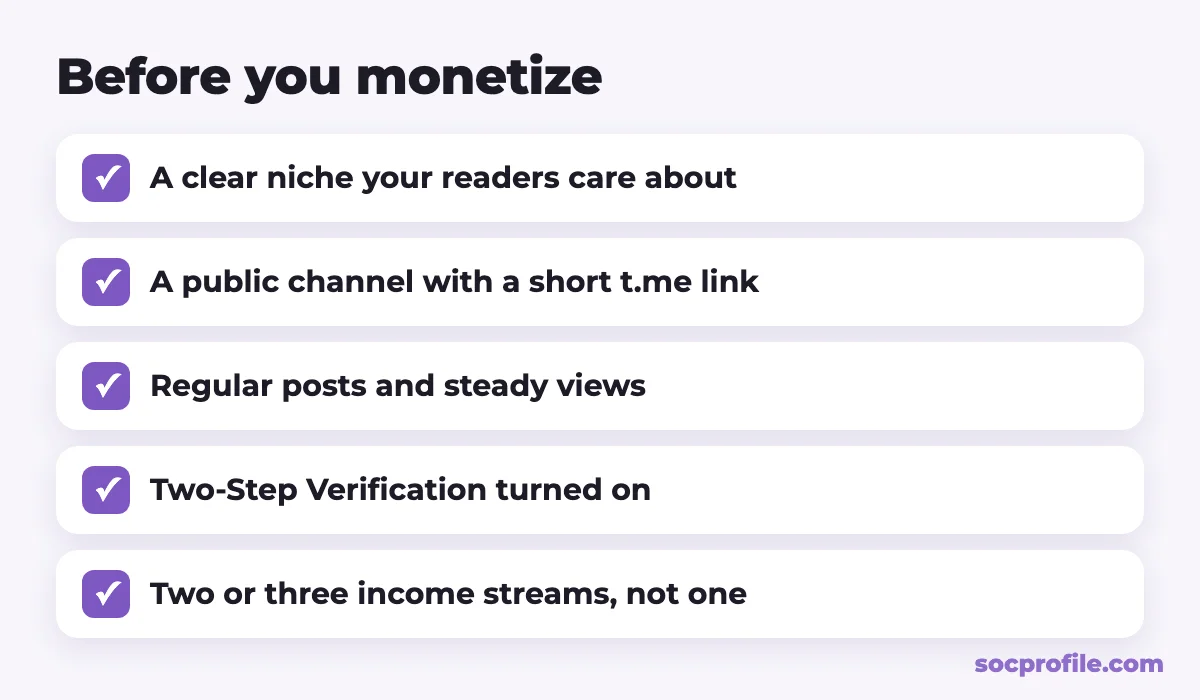 Telegram monetization checklist: niche, public channel, consistent posts, 2FA, several income streams