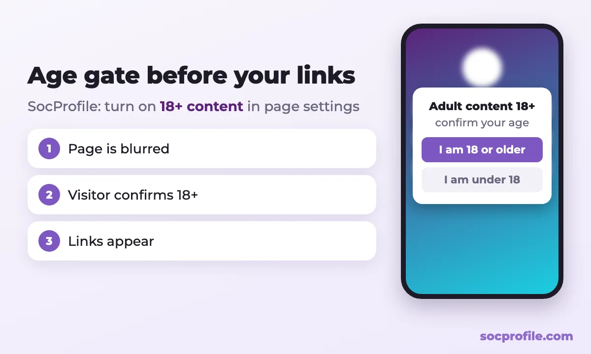 Age-gated link-in-bio page with an 18+ confirmation before showing links