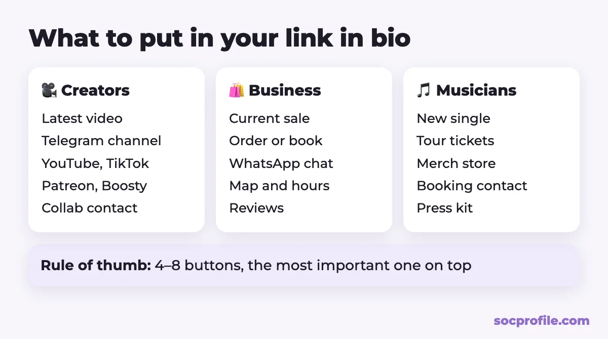 Ideas for what to put in Instagram link in bio for creators, businesses and musicians